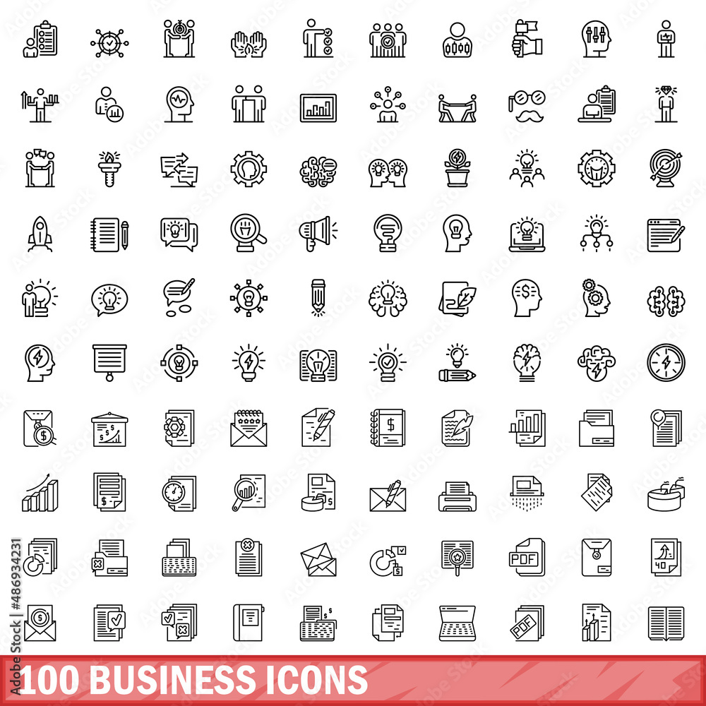 Obraz premium 100 business icons set. Outline illustration of 100 business icons vector set isolated on white background