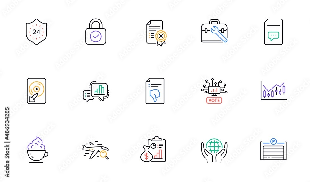 Thumb down, Search flight and Parking garage line icons for website, printing. Collection of Reject certificate, Comments, Hdd icons. Tool case, 24 hours, Security lock web elements. Vector