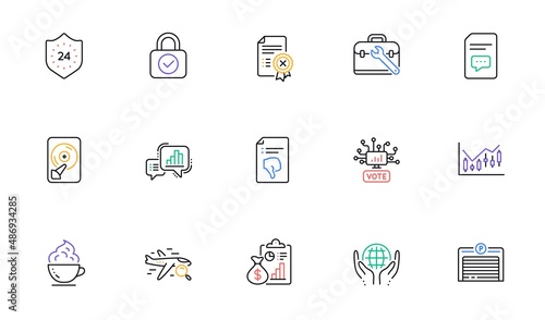 Thumb down, Search flight and Parking garage line icons for website, printing. Collection of Reject certificate, Comments, Hdd icons. Tool case, 24 hours, Security lock web elements. Vector