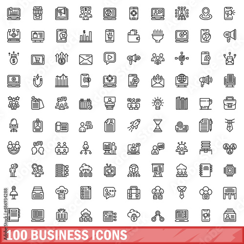 100 business icons set. Outline illustration of 100 business icons vector set isolated on white background