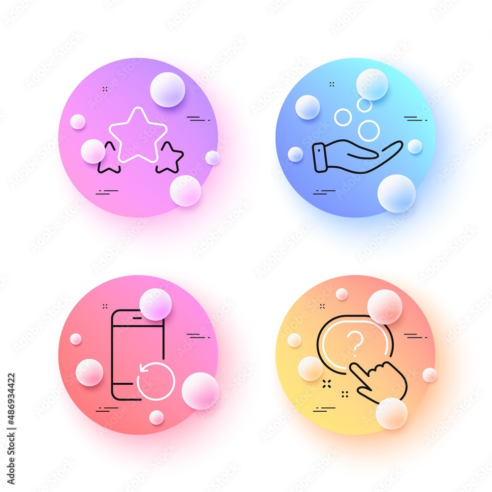 Question button, Recovery phone and Stars minimal line icons. 3d spheres or balls buttons. Donation money icons. For web, application, printing. Quiz, Backup smartphone, Ranking stars. Vector Question button, Recovery phone and Stars minimal line icons. 3d spheres or balls buttons. Donation money icons. For web, application, printing. Quiz, Backup smartphone, Ranking stars. Vector