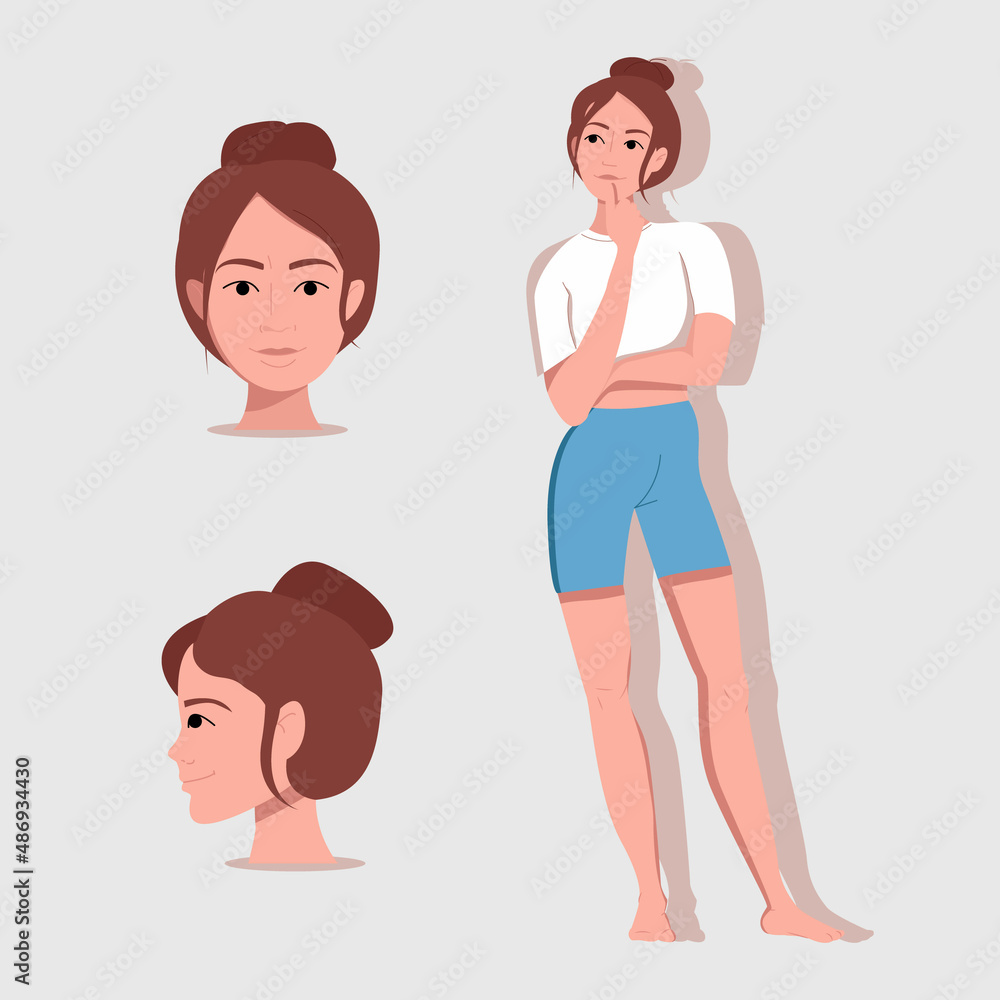 Girl character. A beautiful athletic girl looks straight ahead and stands. Girl in full growth. Head in profile and full face. The girl thought. Decision-making. Vector art with no background.