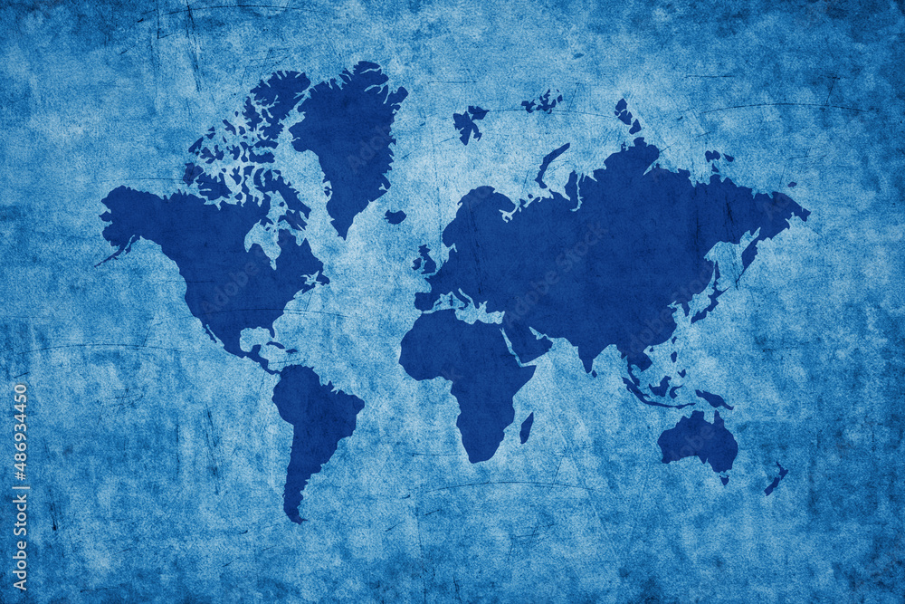 Blue World Map on grunge paper parchment background