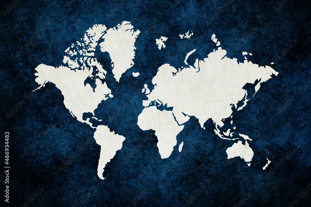 White World Map on blue grunge paper parchment background