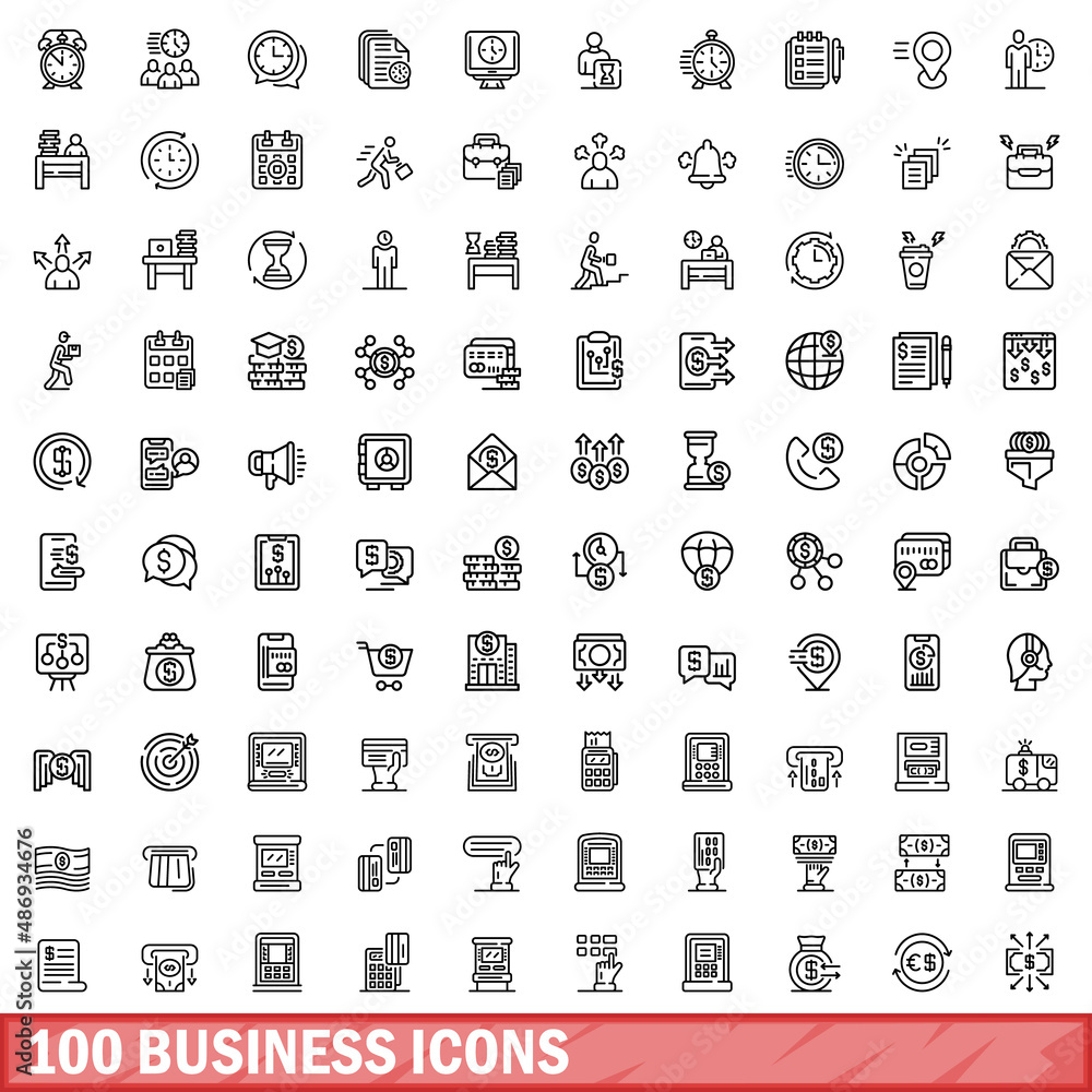 100 business icons set. Outline illustration of 100 business icons vector set isolated on white background 100 business icons set. Outline illustration of 100 business icons vector set isolated on white background