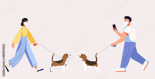 Girl walks with a dog. Dog on a leash. The girl in the mask. A man in a mask walks with a dog. The man is holding a phone in his hand. People go towards each other. Vector illustration