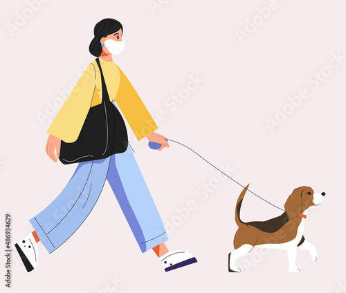 The woman goes to the phone in his  hand. The woman is walking with a big bag. The woman in the mask. Walking the dog on a leash. Beagle walk. Vector modern flat illustration. Isolated objects.