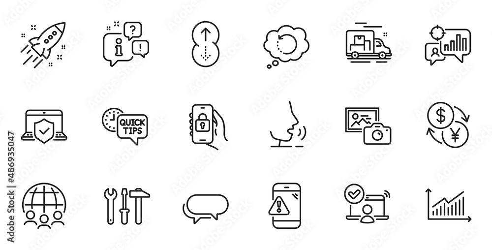 Outline set of Locked app, Messenger and Photo camera line icons for web application. Talk, information, delivery truck outline icon. Include Warning message, Graph, Online access icons. Vector
