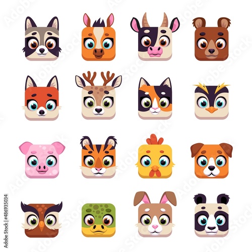 Animal square face. Cute cartoon UI icons with funny muzzles  wildlife and domestic heads. Kawaii raccoon  bear  tiger and rabbit. Avatar pig  panda and cow. Portraits vector isolated set