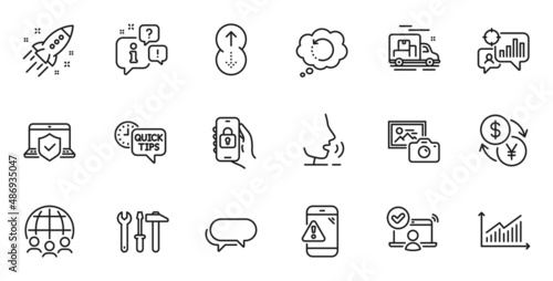 Outline set of Locked app, Messenger and Photo camera line icons for web application. Talk, information, delivery truck outline icon. Include Warning message, Graph, Online access icons. Vector