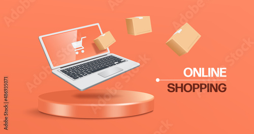 A parcel box floats from a laptop computer with shopping cart icon on screen and all objects float on a spherical podium,vector 3d isolated on pastel orange background for and online shopping concept
