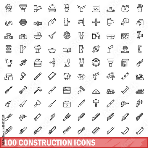 100 construction icons set. Outline illustration of 100 construction icons vector set isolated on white background