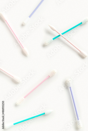 Flat lay top view reusable silicone swab buds on white background