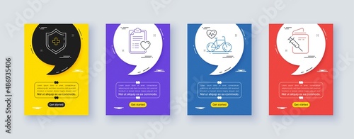 Set of Medical shield, Cardio bike and Patient history line icons. Poster offer frame with quote, comma. Include Vaccination passport icons. For web, application. Vector