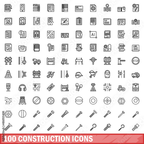 100 construction icons set. Outline illustration of 100 construction icons vector set isolated on white background