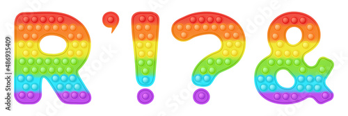 Popit font design addition - letter R and punctuation marks in style of trendy silicon fidget toys. Pop it toy for fidget in bright colors. Bubble letter as pop it. Isolated cartoon vector