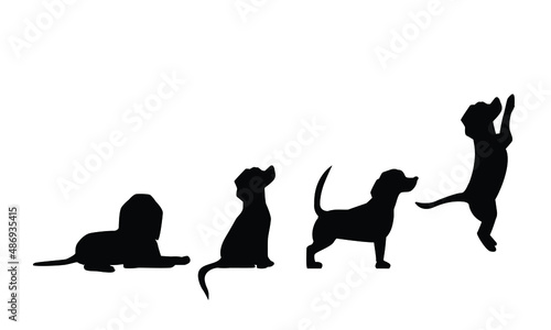 Dogs silhouette in different poses. The dog is sitting. The dog lies. The dog is standing. The dog is jumping. Beagle silhouette. Set. Vector flat illustration