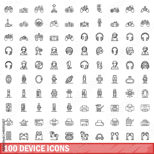 100 device icons set. Outline illustration of 100 device icons vector set isolated on white background photo