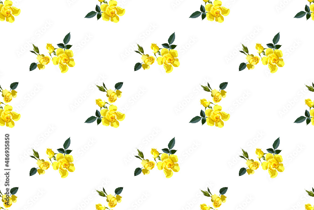 Seamless floral pattern yellow roses and rose buds on white background for fabric design, vector illustration Seamless floral pattern yellow roses and rose buds on white background for fabric design, vector illustration
