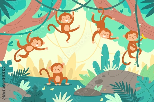 Cute monkeys in jungle. Funny little marmosets play in tropical forest, climbing vines and trees, rainforest exotic plants, cartoon pretty baby animals, childish background, vector concept