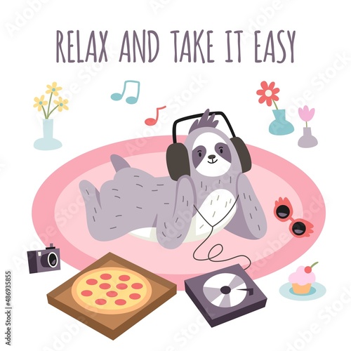 Cute sloth poster. Funny animal listens music, cartoon character with headphones, cozy evening, vinyl record player and pizza, relax and take it easy text, vector concept