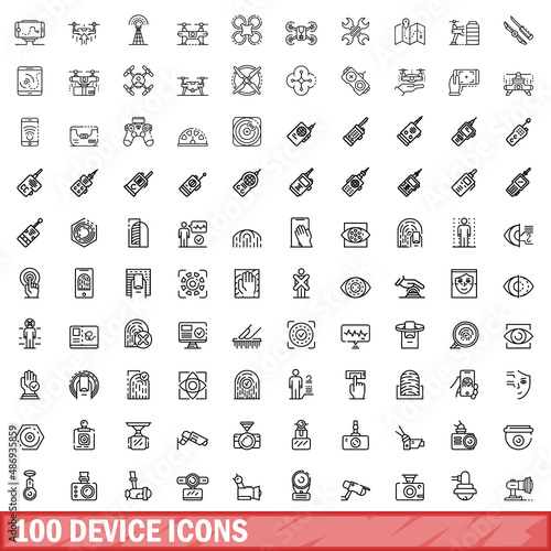 100 device icons set. Outline illustration of 100 device icons vector set isolated on white background