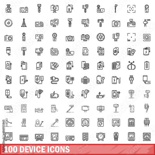 100 device icons set. Outline illustration of 100 device icons vector set isolated on white background
