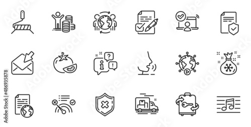 Outline set of Reject protection, Santa sack and Insurance policy line icons for web application. Talk, information, delivery truck outline icon. Vector