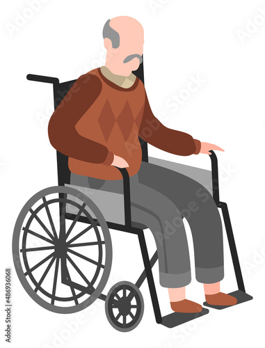 Man sitting in wheel chair. Disabled senior on walk