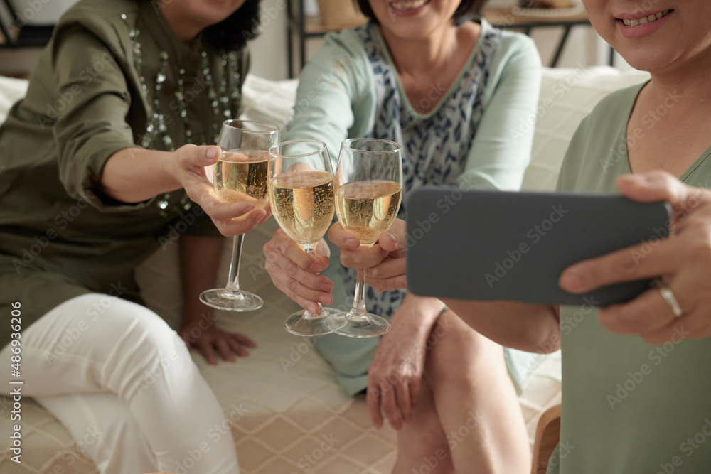Senior friends taking selfie of them clinking glasses of champagne