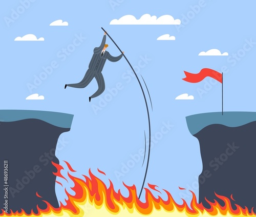 Overcoming obstacles. Calculation of their forces. Achieving the goal. Businessman jumping over abyss with fire. Hard way to success. Employee ambition opportunities. Vector concept