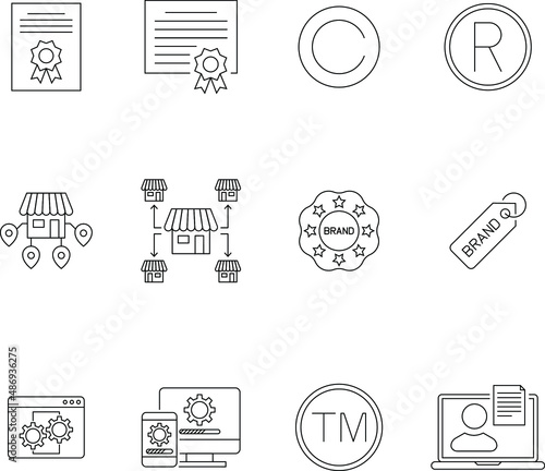 Vector icons of intangible assets. Editable stroke. Business set symbols patents copyright franchises goodwill trademarks brand self-developed.