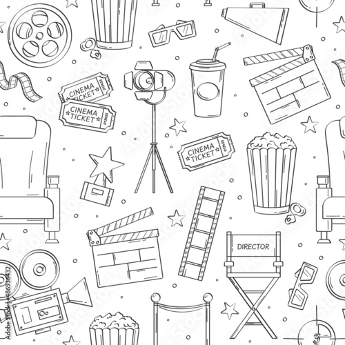 Hand drawn cinema pattern. Vector seamless pattern with movie elements, line icons, popcorn, tickets, chair, reel, video camera, megaphone. Cartoon Illustration for film industry, cinematography