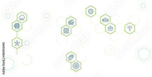 The concept of IOT technology on background. Connecting devices. Spider web of network connections with on background. IOT vector icons.