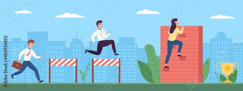 People overcoming obstacles. Businessmen jump over hurdles, woman climbs wall, employees difficult progress towards goal, obstacle course with golden goblet prize, vector concept