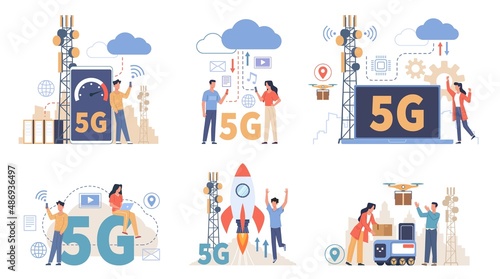 People using 5g. Users of network options, urban wireless technologies, high speed environment, transmitter towers, smart city, men and women with digital gadgets and devices vector set