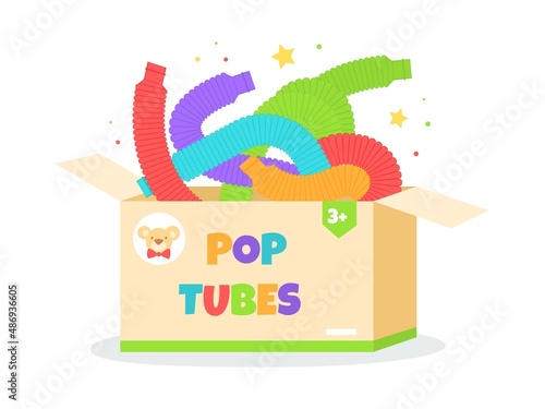 Pop tubes in box. Colorful plastic childish sensory toys, antistress flexible corrugated pipes, different shapes bent forms in carton container promotional poster, vector isolated concept