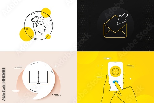 Minimal set of Open mail, Book and Stress line icons. Phone screen, Quote banners. Recovery gear icons. For web development. View e-mail, E-learning course, Mind anxiety. Backup info. Vector