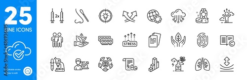 Outline icons set. Nasal test, Intersection arrows and Resilience icons. Ram, Globe, Organic product web elements. Stress grows, Cloud computing, Cloud storage signs. Fair trade. Vector