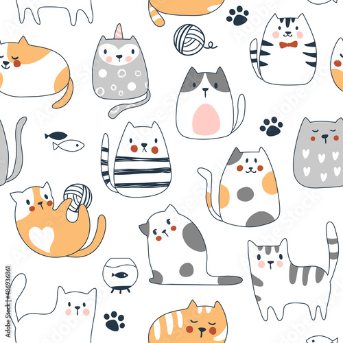 Cat seamless pattern, cute kawaii background, vector illustration