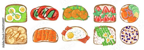 Sandwiches top view. Various product combinations on bread slices, eggs, bacon and vegetables, different toppings toasts. Breakfast snacks sweet and salty, healthy food, vector set