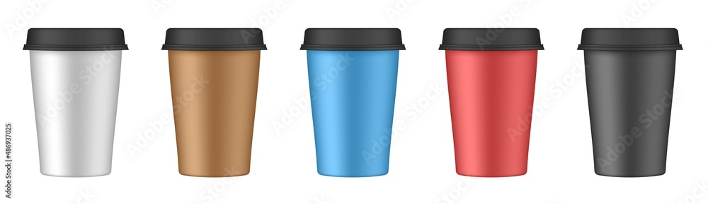 Realistic set of paper coffee cups. Coffee to go. Take away. White, red, green, black paper cups, a blank brown container with lid for latte, mocha, cappuccino, or tea drinks Realistic set of paper coffee cups. Coffee to go. Take away. White, red, green, black paper cups, a blank brown container with lid for latte, mocha, cappuccino, or tea drinks