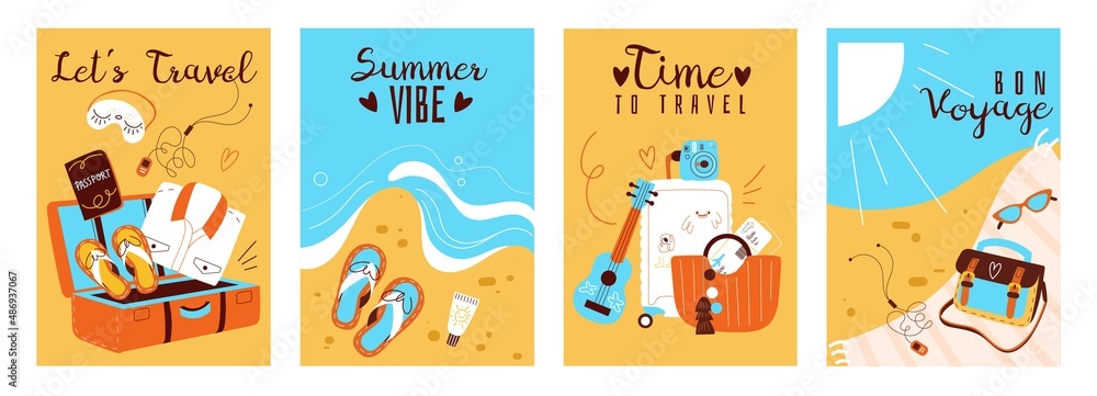 Travel cards. Summer time beach holiday elements, sea vacation accessories, journey banners. Cartoon luggage, ukulele and camera, tropical seaside resort vector summertime posters set Travel cards. Summer time beach holiday elements, sea vacation accessories, journey banners. Cartoon luggage, ukulele and camera, tropical seaside resort vector summertime posters set