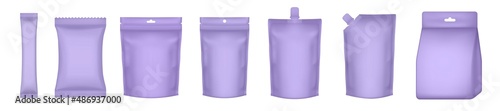 Set of realistic doy pack mockups. Purple flow pack, sachet, zip bag, and doypack. Ice cream wrapper. Lavender sheet mask sachet. Tea, sause, or candy packaging. Laundry detergent bag