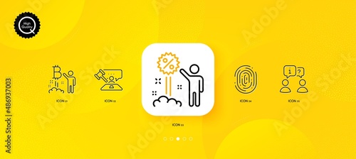 Interview, Fingerprint and Judge hammer minimal line icons. Yellow abstract background. Bitcoin project, Discount icons. For web, application, printing. Job meeting, Biometric scan, Judgement. Vector