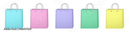 Set of colorful empty shopping bags isolated in white. Vector illustration. Blue, yellow, pink, green, and purple paper bags. Birthday present, gift box