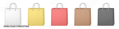 Set of colorful empty shopping bags isolated in white. Vector illustration. White, yellow, red, brown and black paper bags. Birthday present, gift box
