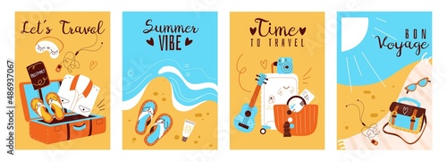 Travel cards. Summer time beach holiday elements, sea vacation accessories, journey banners. Cartoon luggage, ukulele and camera, tropical seaside resort vector summertime posters set