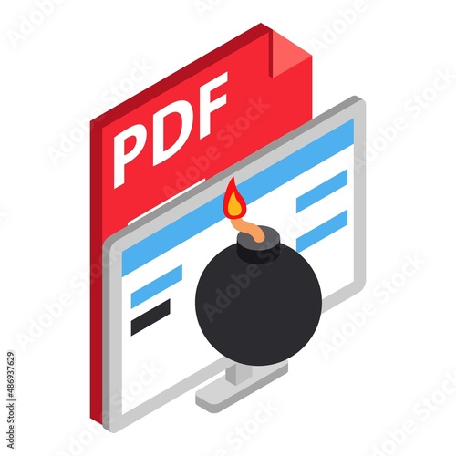 Cyber attack icon isometric vector. Bomb on computer monitor, pdf file format. Internet security, cyberterrorism, cybercrime