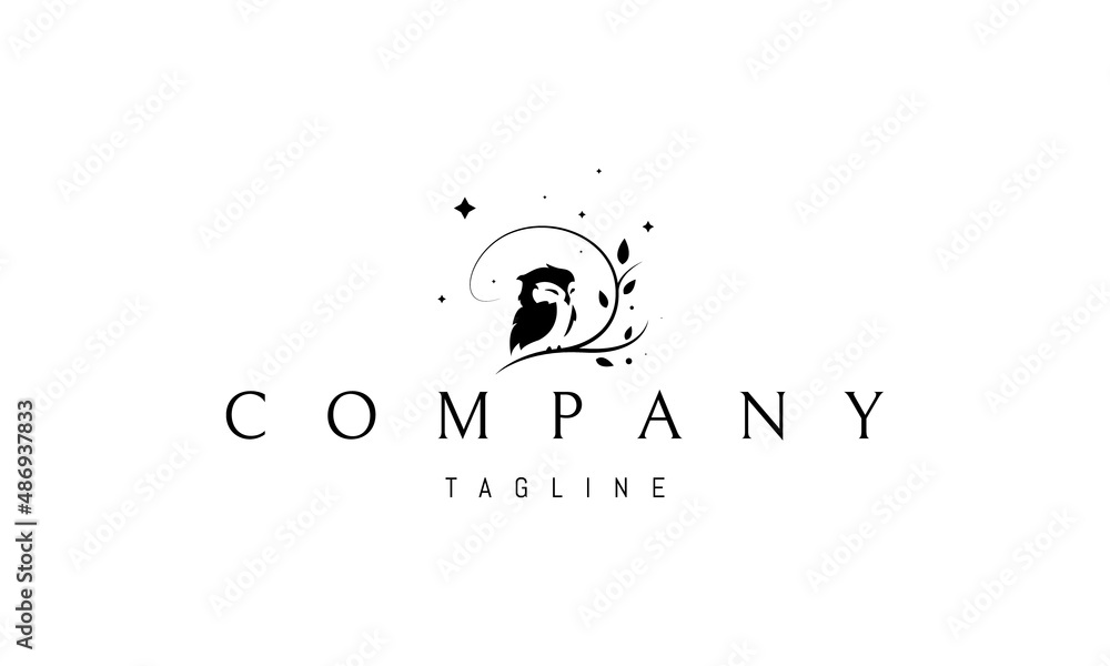 Vector logo on which an abstract image of a cute owlet sitting on a tree against the background of stars. Vector logo on which an abstract image of a cute owlet sitting on a tree against the background of stars.